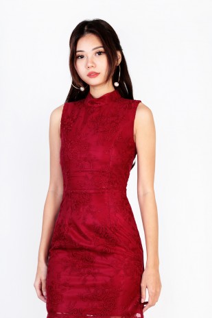 RESTOCK: Ivory High Neck Lace Dress in Red