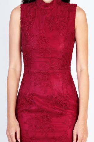 RESTOCK: Ivory High Neck Lace Dress in Red