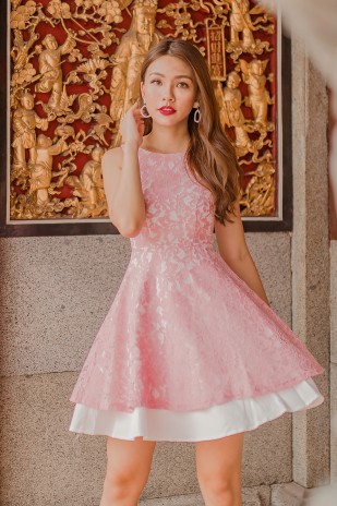RESTOCK: Christel Lace Overlay Dress in Sweet Pink