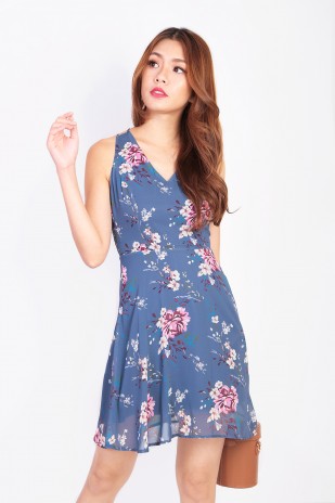 Fable Floral Dress in Ash Blue