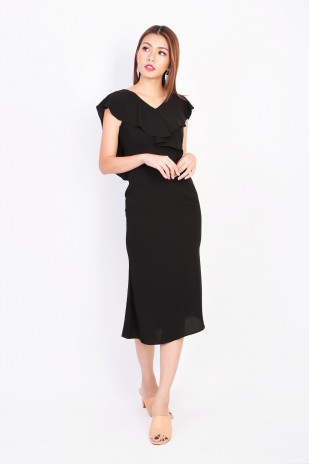 Kailey Ruffle Midi Dress in Black