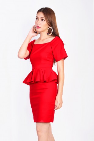 Khine Peplum Dress in Red