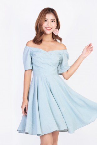 Abrie Off Shoulder Dress in Cyan