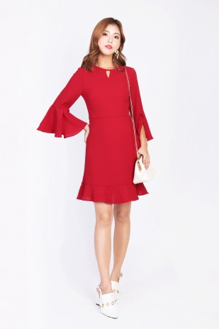 Cecila Flutter Sleeve Dress in Red