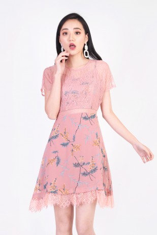 Yannes Floral Lace Dress in Pink