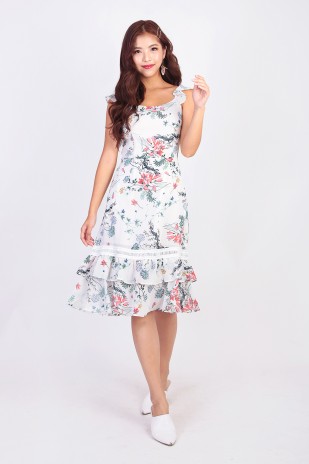 Deena Floral Midi Dress in White
