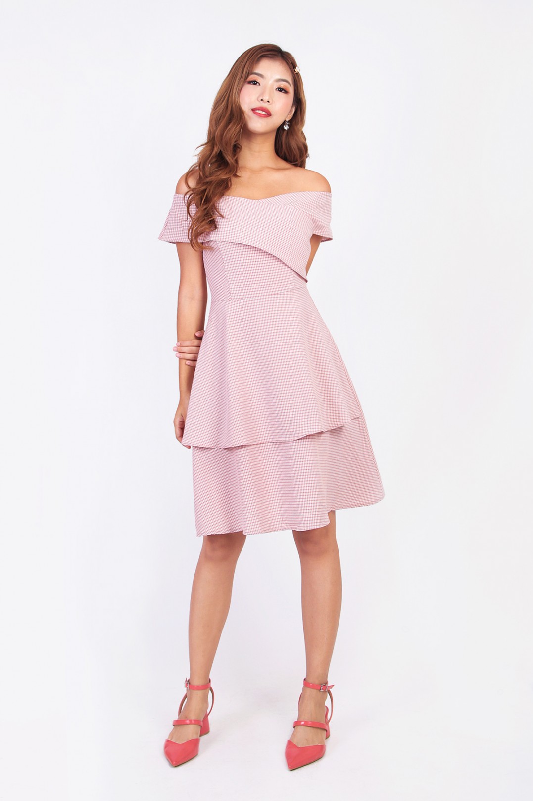 pink gingham off the shoulder dress
