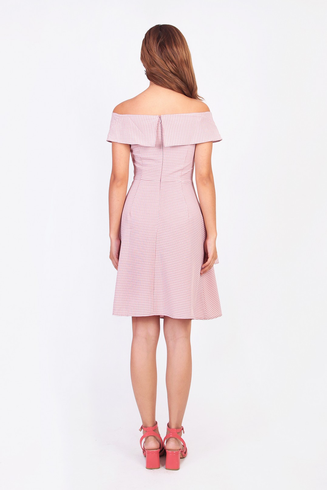 pink gingham off the shoulder dress