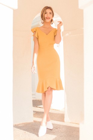 RESTOCK: Mia Flutter Dress in Mustard