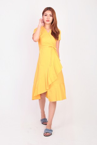 Philisa Ruffle Wrap Dress in Mustard Yellow
