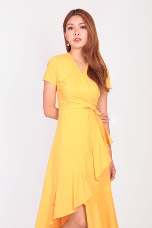 Philisa Ruffle Wrap Dress in Mustard Yellow