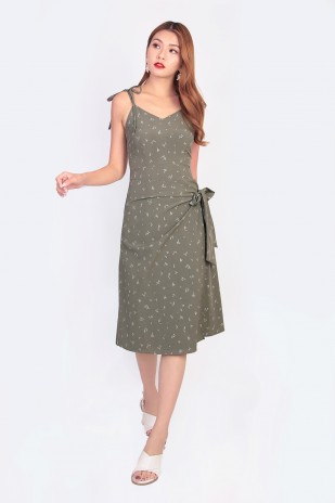 Zaylee Printed Wrap Dress in Olive