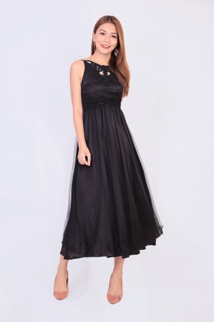 Alanis Crochet Tulle Dress in Black