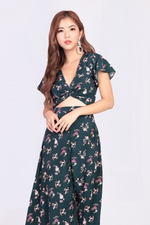 Lizette Floral Knot Top in Forest Green