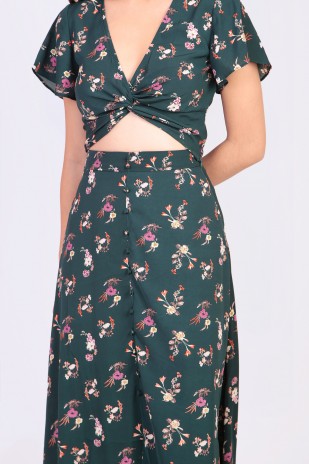 Lizette Floral Knot Top in Forest Green