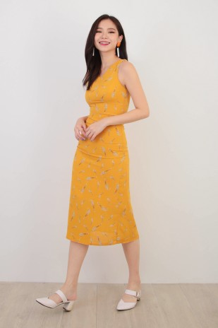 Jean Floral Midi Dress in Mustard