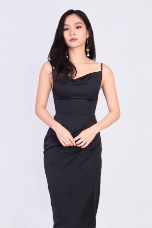 RESTOCK: Marian Cowl Midi Dress in Black