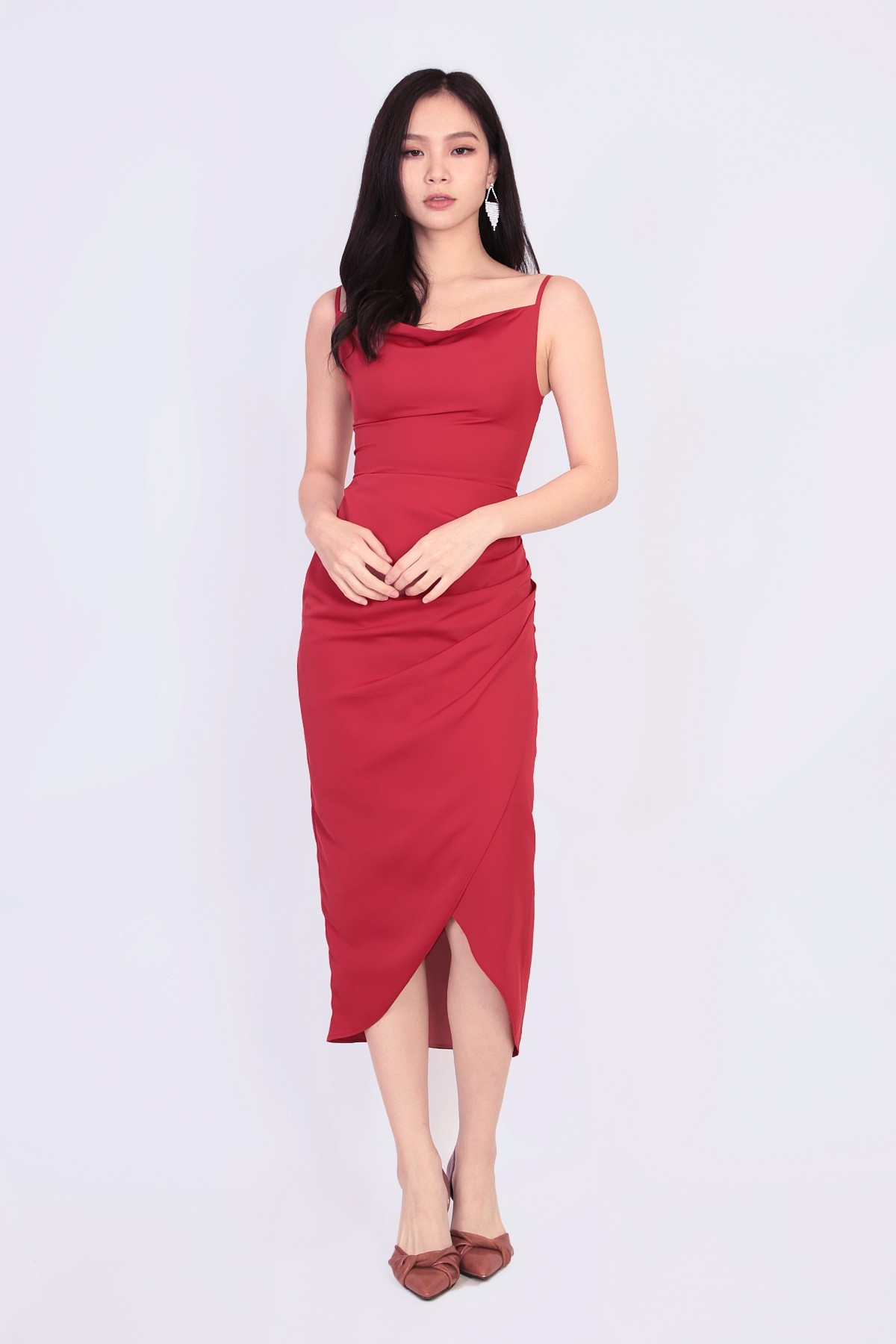 Red cowl neck deals midi dress