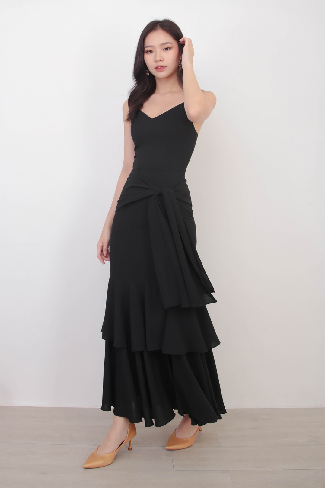 black tiered dress maxi