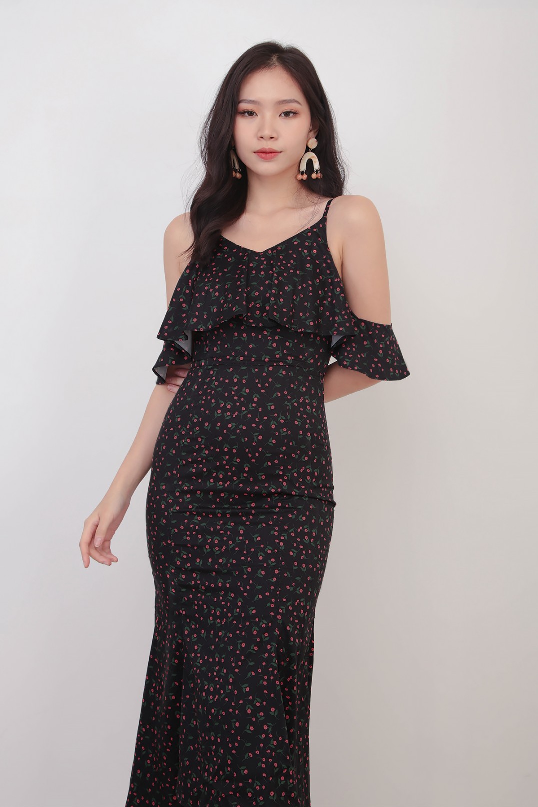 Kalysa Floral Cold Shoulder Dress in Black - MGP