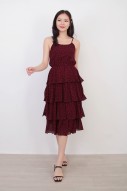 Riley Tiered Dotted Dress in Wine Red