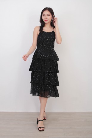 Riley Tiered Dotted Dress in Black
