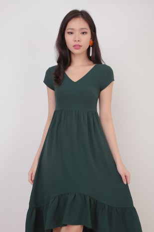 Fedella Midi Flounce Dress in Forest Green