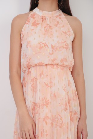 Ensley Pleated Floral Dress in Peach