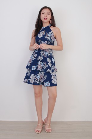 Selena Floral Halter Dress in Navy