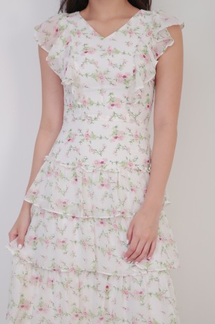 Denise Floral Midi Dress in Cream