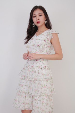 Denise Floral Midi Dress in Cream