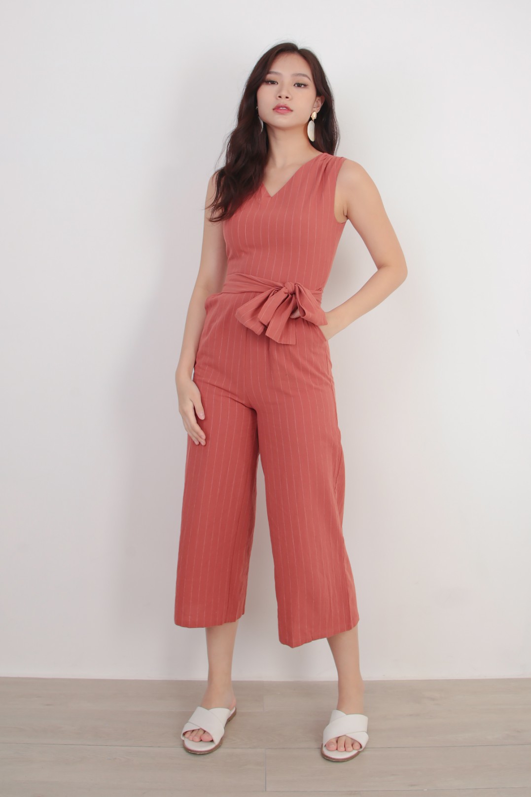 burnt orange stripe tie detail jumpsuit