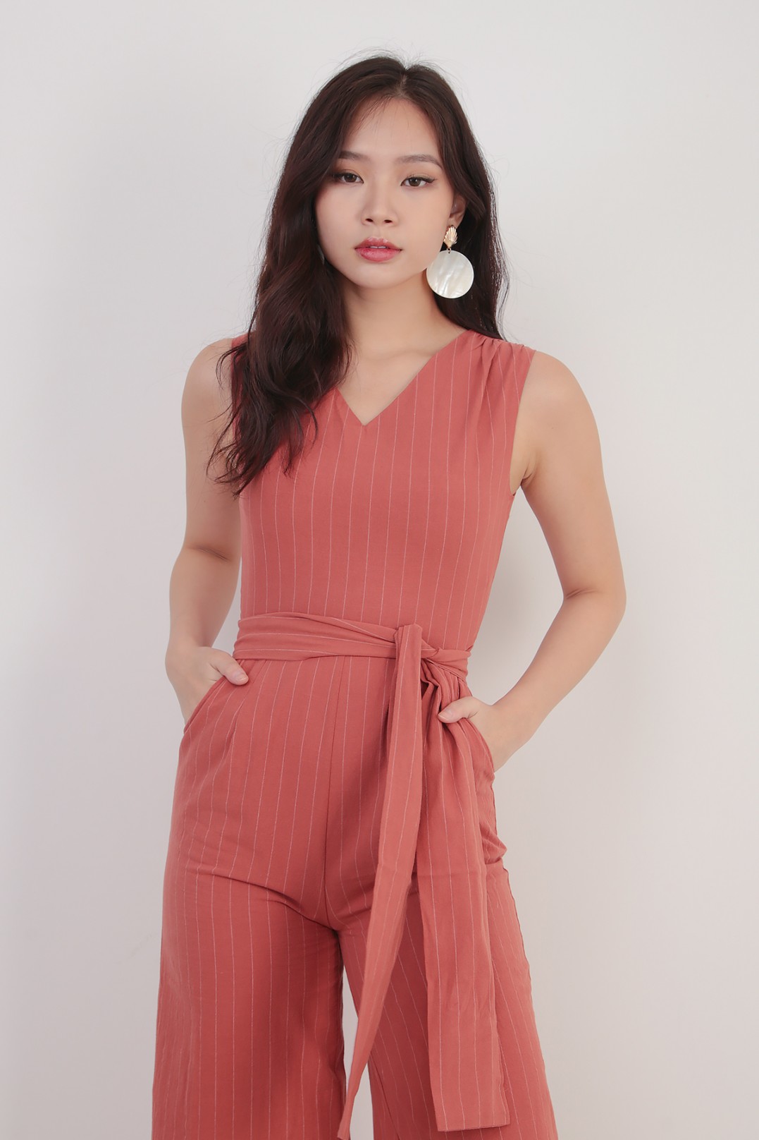 burnt orange stripe tie detail jumpsuit