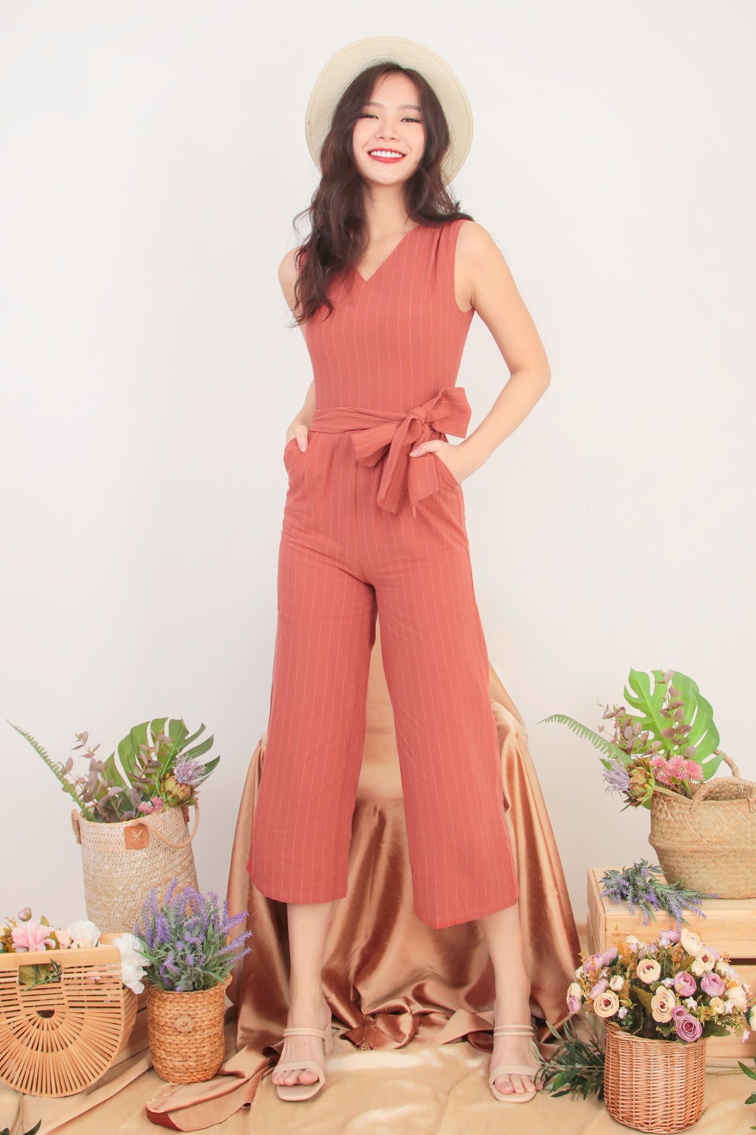 burnt orange stripe tie detail jumpsuit