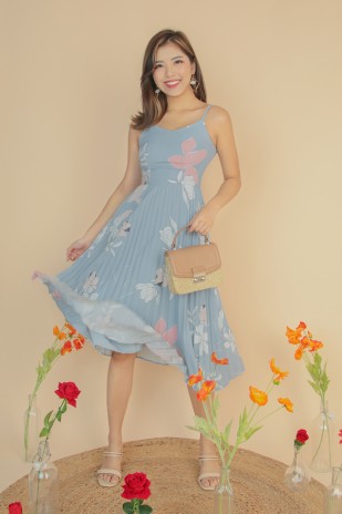 Brencis Floral Pleated Dress in Blue