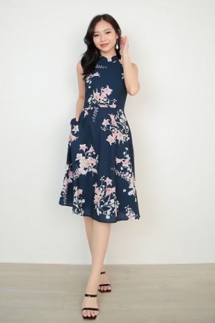 Miu Floral Cheongsam Dress in Navy