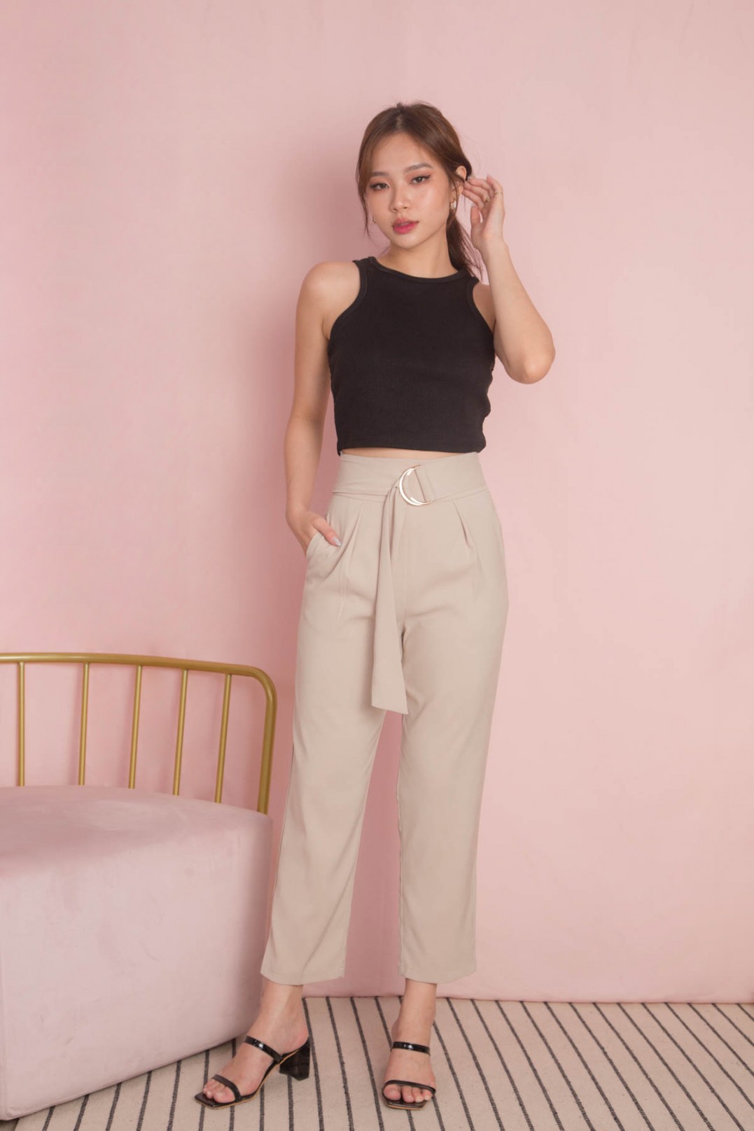 Buy Women's Casual Trousers High Waist Pure Color Belt Fold Wide Leg Pants  Navy at Amazon.in