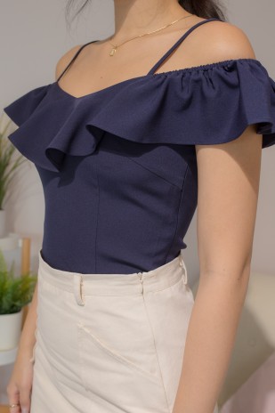 Nami Cold Shoulder Ruffle Top in Navy