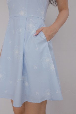 Imara Printed Pleat Dress in Blue
