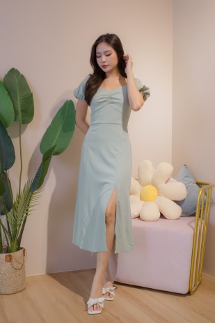 Laira Puff Sleeve Ruched Midi in Sage