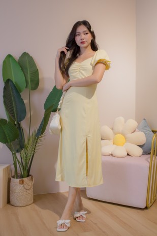 Laira Puff Sleeve Ruched Midi in Butter