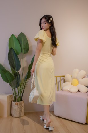 Laira Puff Sleeve Ruched Midi in Butter