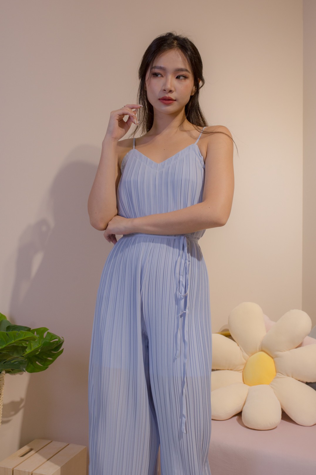 blue pleated jumpsuit