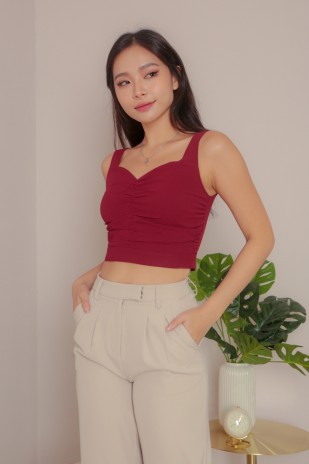 Clairo Ruched Sweetheart Top in Wine