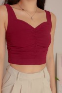 Clairo Ruched Sweetheart Top in Wine