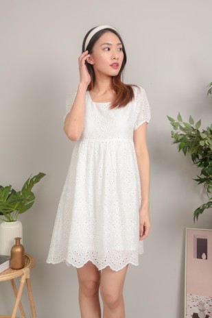 Lucine Broderie Babydoll Dress in White