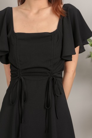 Emille Flutter Drawstring Dress in Black