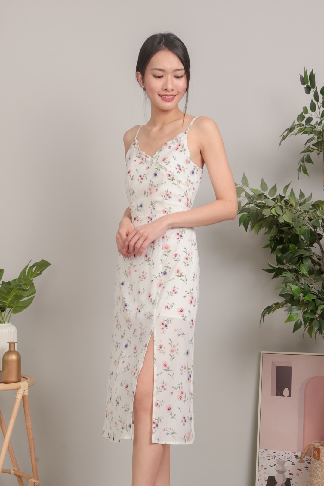 Arika Floral Slit Dress in Cream - MGP