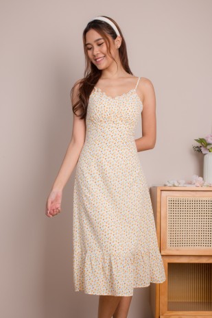 Dilys Ruched Floral Midi Dress in Yellow