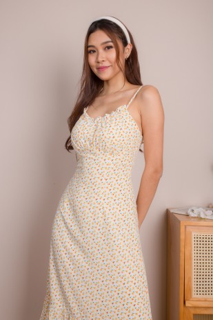 Dilys Ruched Floral Midi Dress in Yellow
